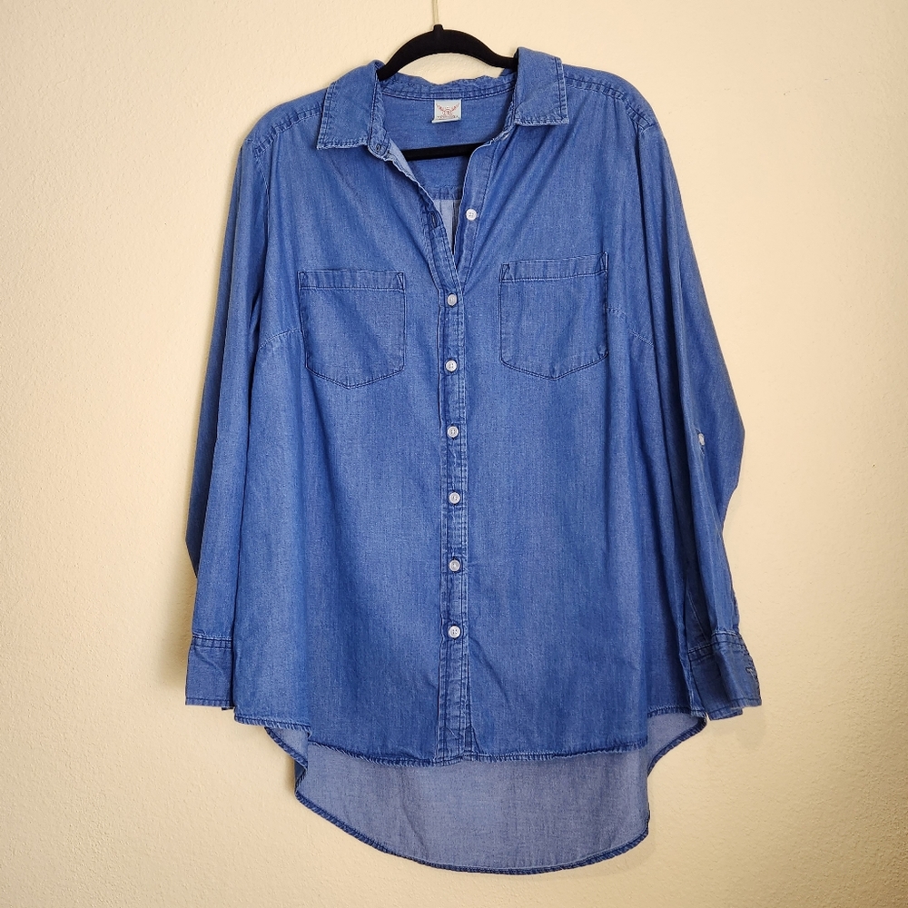 Cotton blue jean denim button down shirt rolled sleeves Size 1X (16W) - Picture 2 of 5